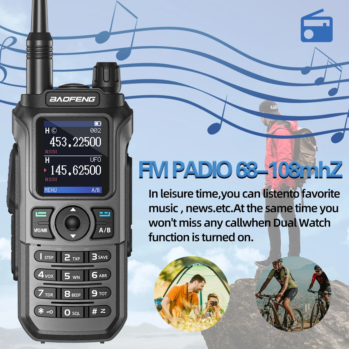 Baofeng UV 21 Pro walkie talkie with dual watch and FM radio features shown with outdoor activities