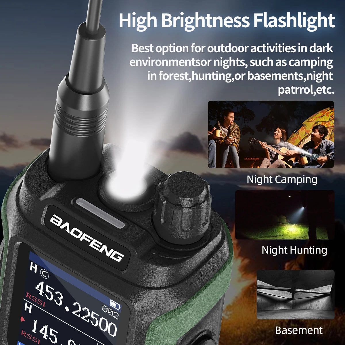 Baofeng UV 21 Pro walkie talkie with high brightness flashlight ideal for camping hunting and night patrol