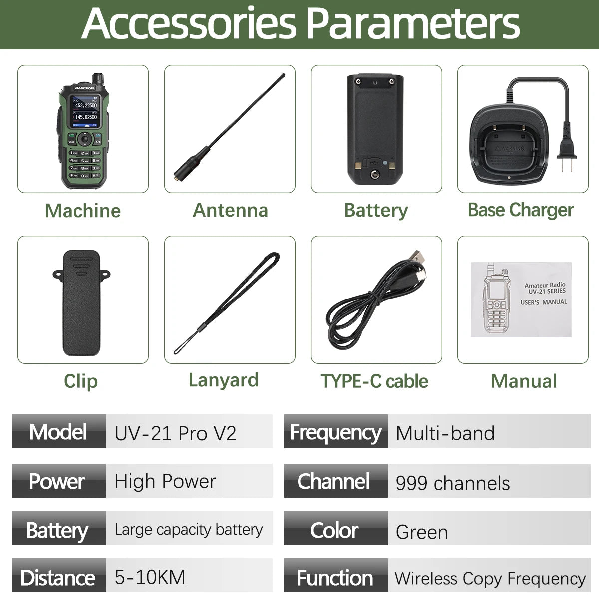 Baofeng UV 21 Pro walkie talkie with antenna battery base charger clip lanyard type-c cable and manual