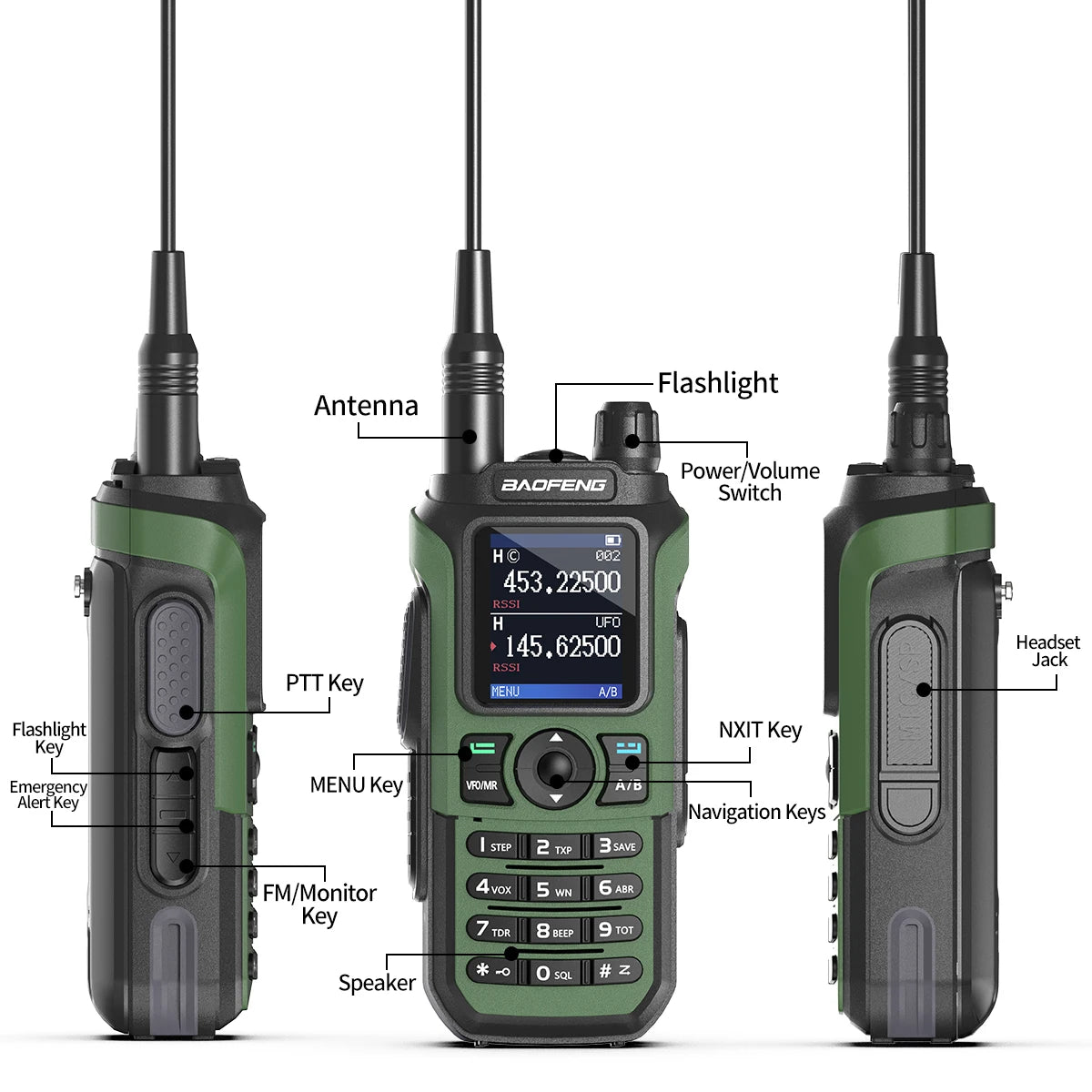 Baofeng UV 21 Pro walkie talkie in green with detailed labelled buttons and long antenna for clear communication