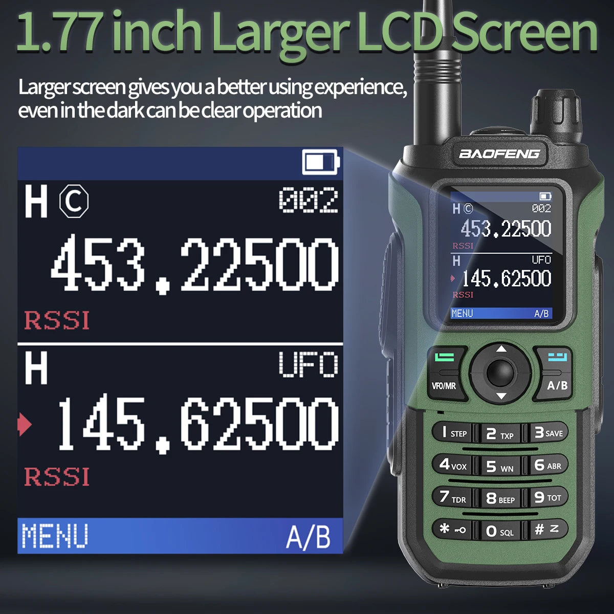 Baofeng UV 21 Pro walkie talkie with 1.77 inch larger LCD screen for clear operation in dark