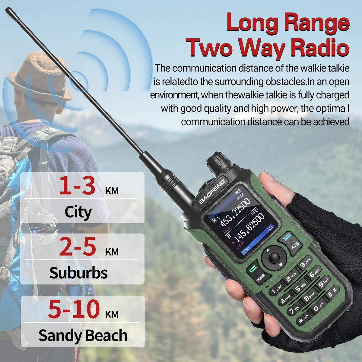 Baofeng UV 21 Pro walkie talkie with long-range communication up to 10 km shown held in gloved hand