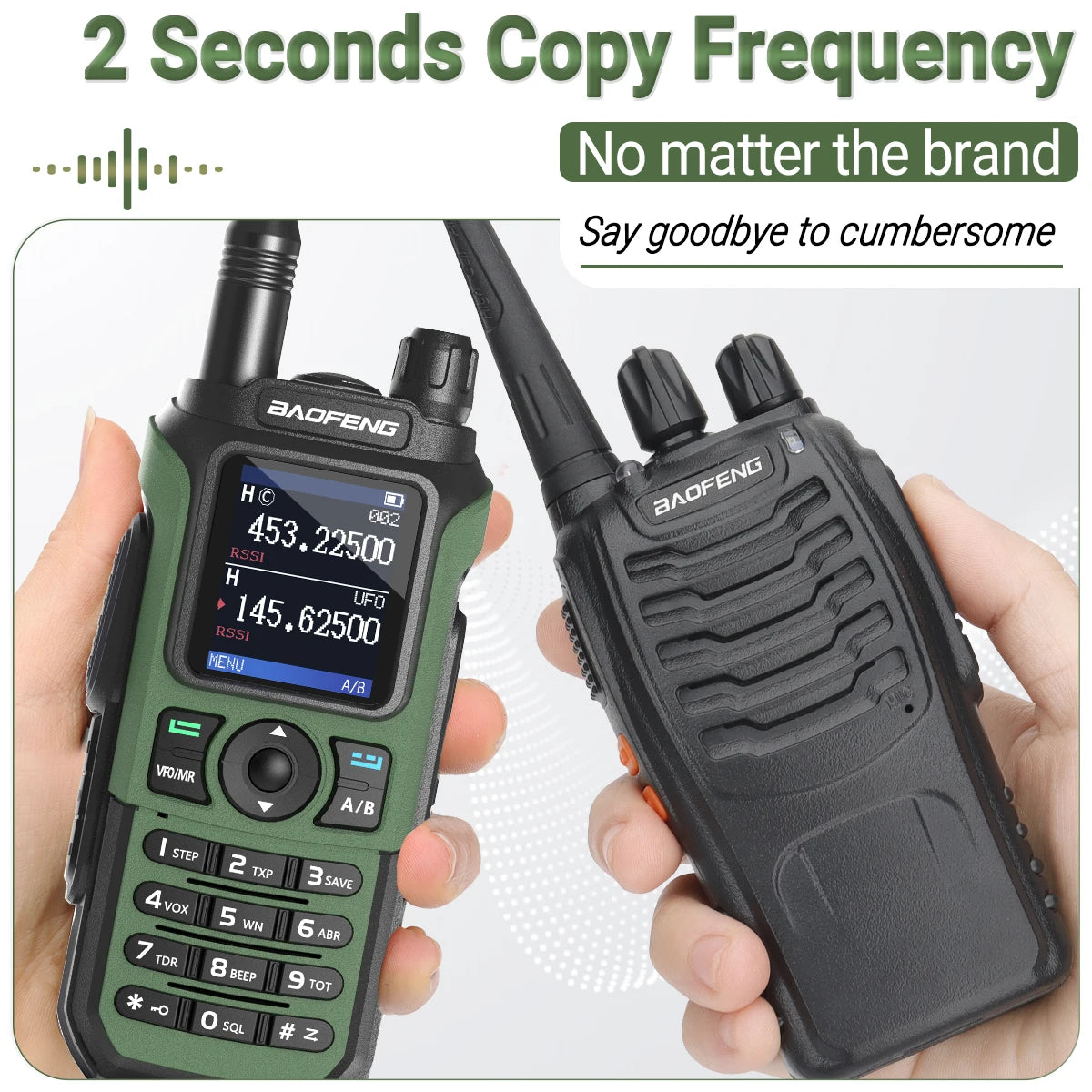 Baofeng UV 21 Pro walkie talkie in black and green held in hands showing front and back view