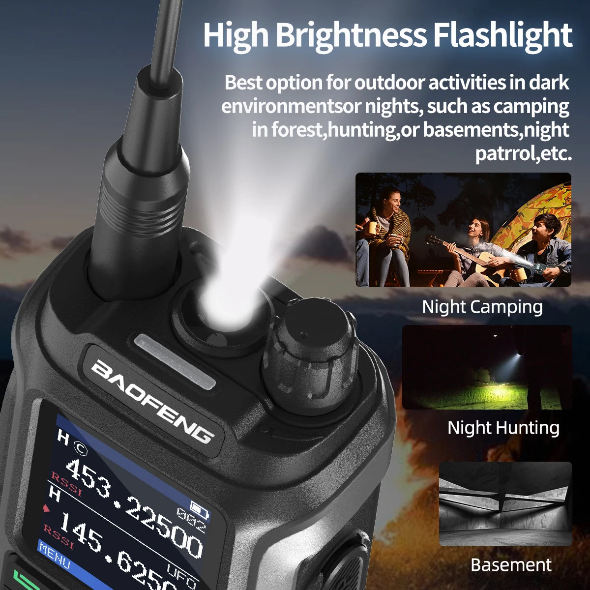 Baofeng UV 21 Pro walkie talkie featuring high brightness flashlight for night camping hunting and basement use