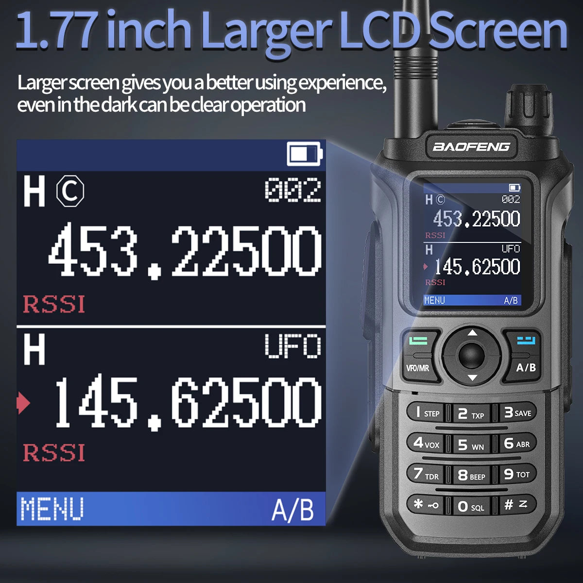 Baofeng UV 21 Pro walkie talkie with 1.77 inch larger LCD screen showing frequency display