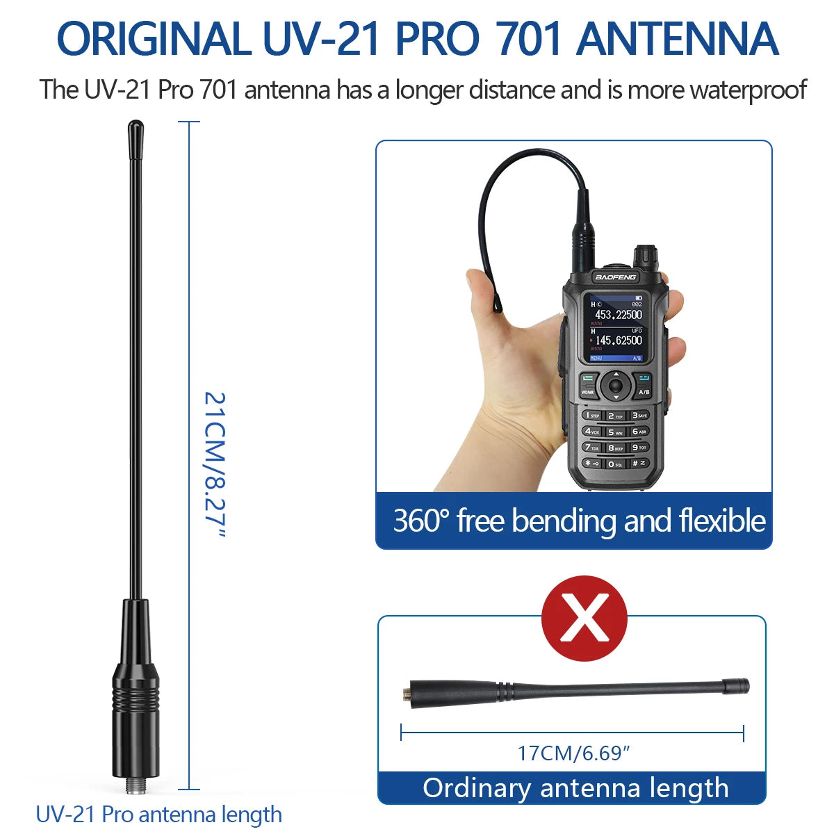 Original UV-21 Pro 701 antenna compatible with Baofeng UV 21 Pro walkie talkie showing longer 21cm antenna length