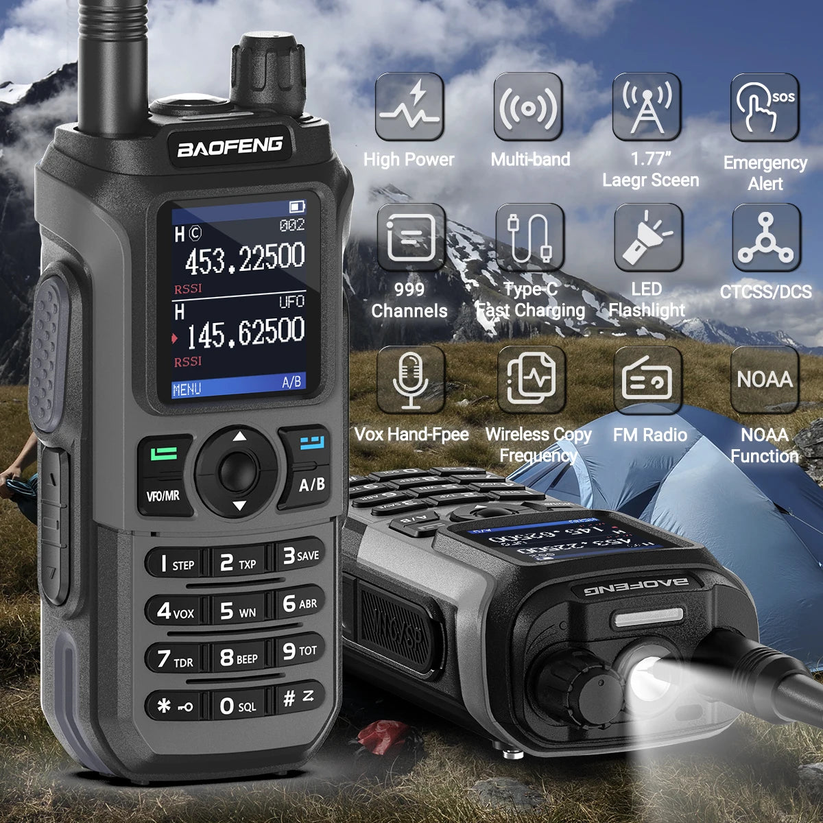 Baofeng UV 21 Pro walkie talkie with high power, multi-band, LED flashlight, and USB Type-C fast charging