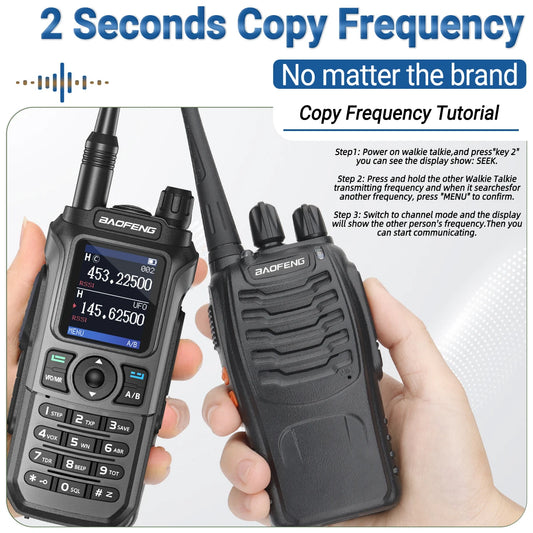 Baofeng UV 21 Pro walkie talkie showing frequency copy feature with two radios in hand