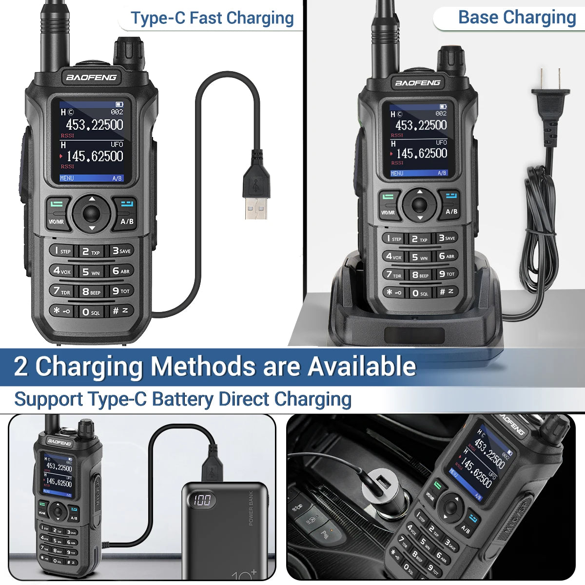 Baofeng UV 21 Pro walkie talkie showing two charging methods with Type-C fast charging and base charging