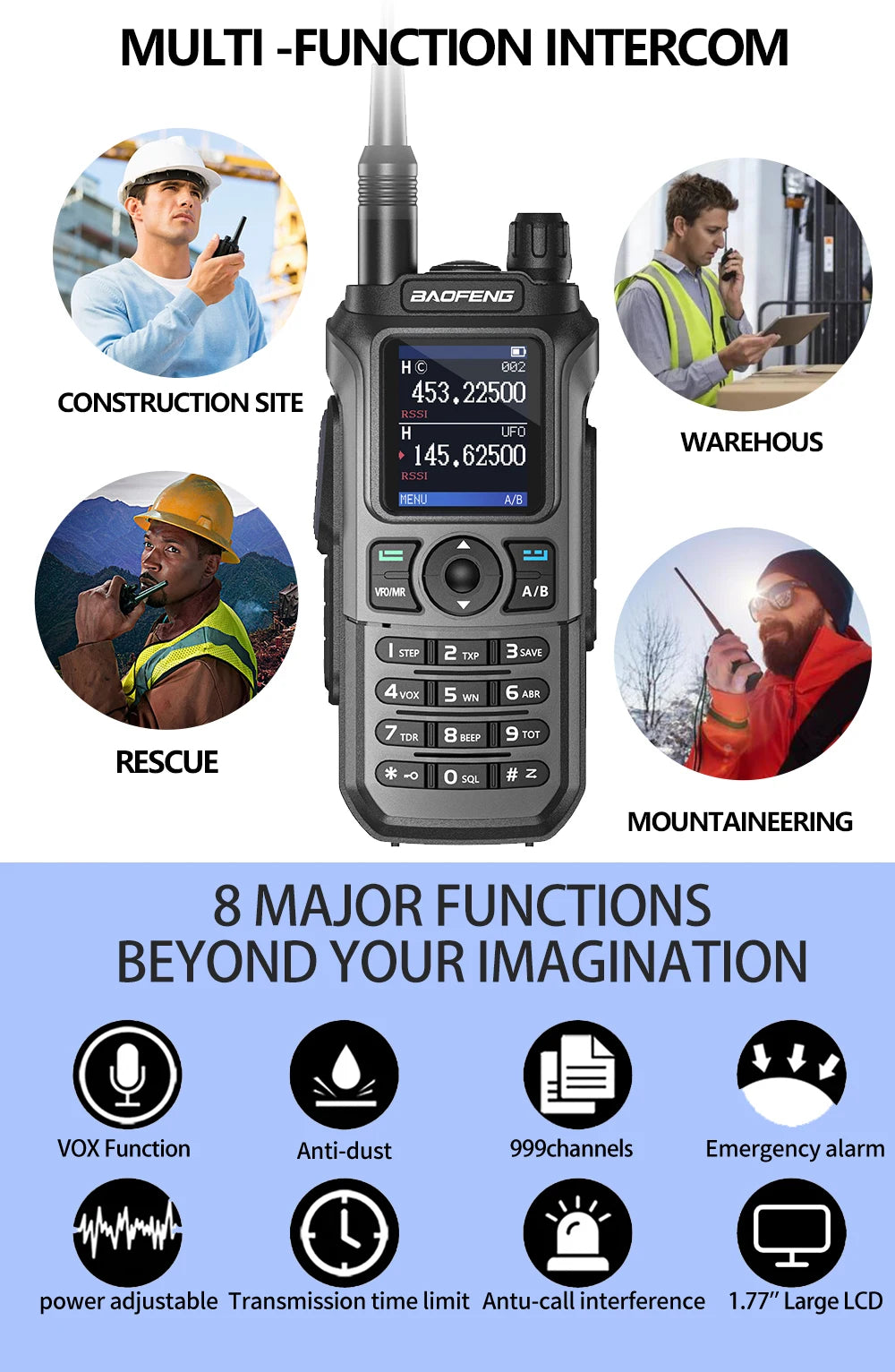 Baofeng UV 21 Pro walkie talkie with multi-function intercom for construction, rescue, warehouse, and mountaineering use