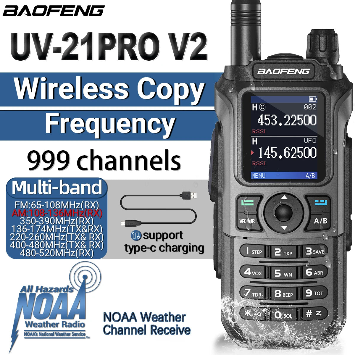 Baofeng UV 21 Pro walkie talkie with 999 channels, wireless copy frequency, multi-band support and type-c charging