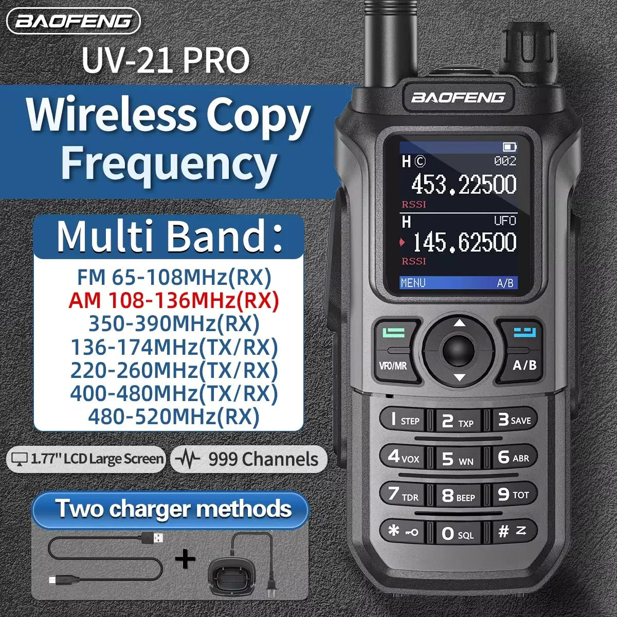 Baofeng UV 21 Pro walkie talkie with large LCD screen multi-band frequency and two charger methods