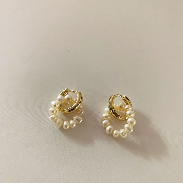 eprolo French buckle pearl earrings for women gold hoop style with freshwater pearls elegant bridal