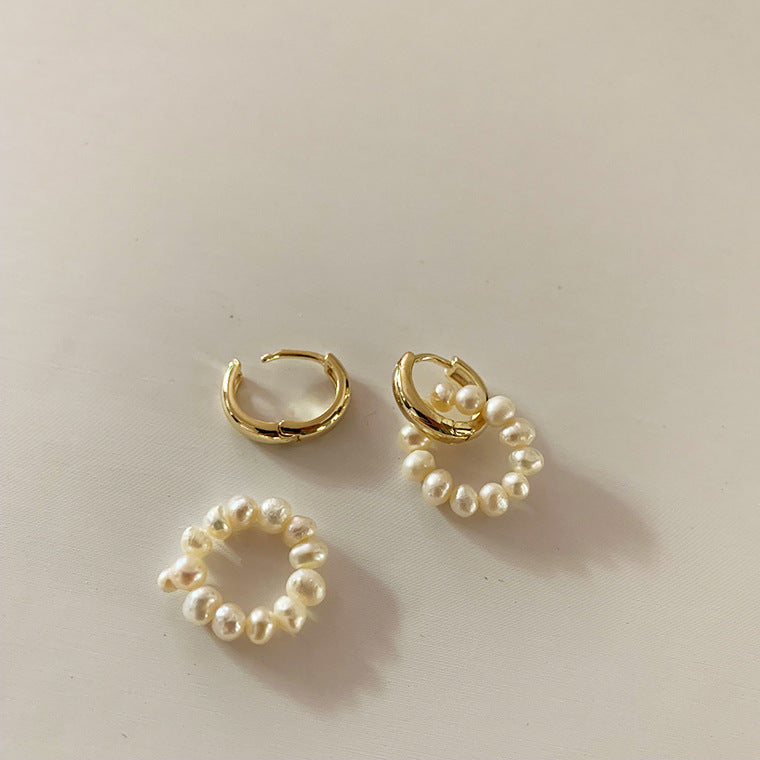 eprolo French buckle pearl earrings for women gold hoop with detachable freshwater pearl circle on cream background
