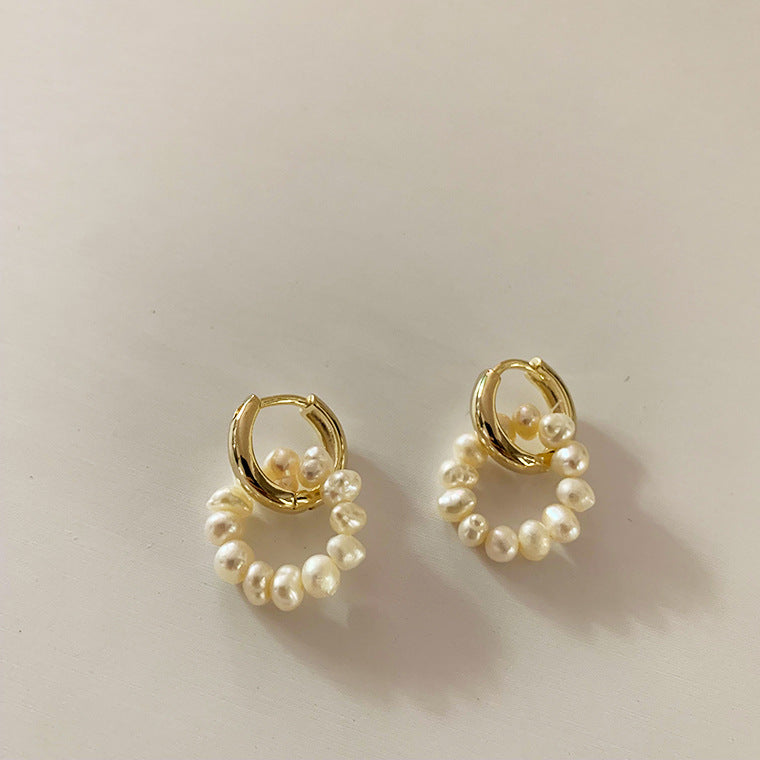French buckle pearl earrings for women elegant gold hoops with small white freshwater pearls