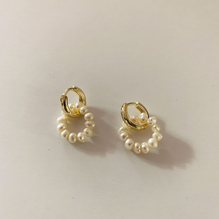 eprolo French buckle pearl earrings for women gold hoop earrings with small white pearls on cream background