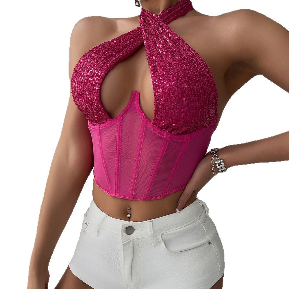 Luxurymania24 sheer mesh bustier halter top fuchsia sequin halter with sheer mesh corset panels modelled