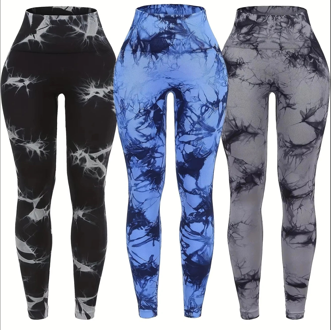 Luxurymania24 seamless high waist gym leggings in black, blue, and grey tie-dye patterns