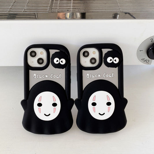 Cute Faceless IPhone 14 Pro Case black silicone duo showing two cases with smiling white mask design and soot sprite detail