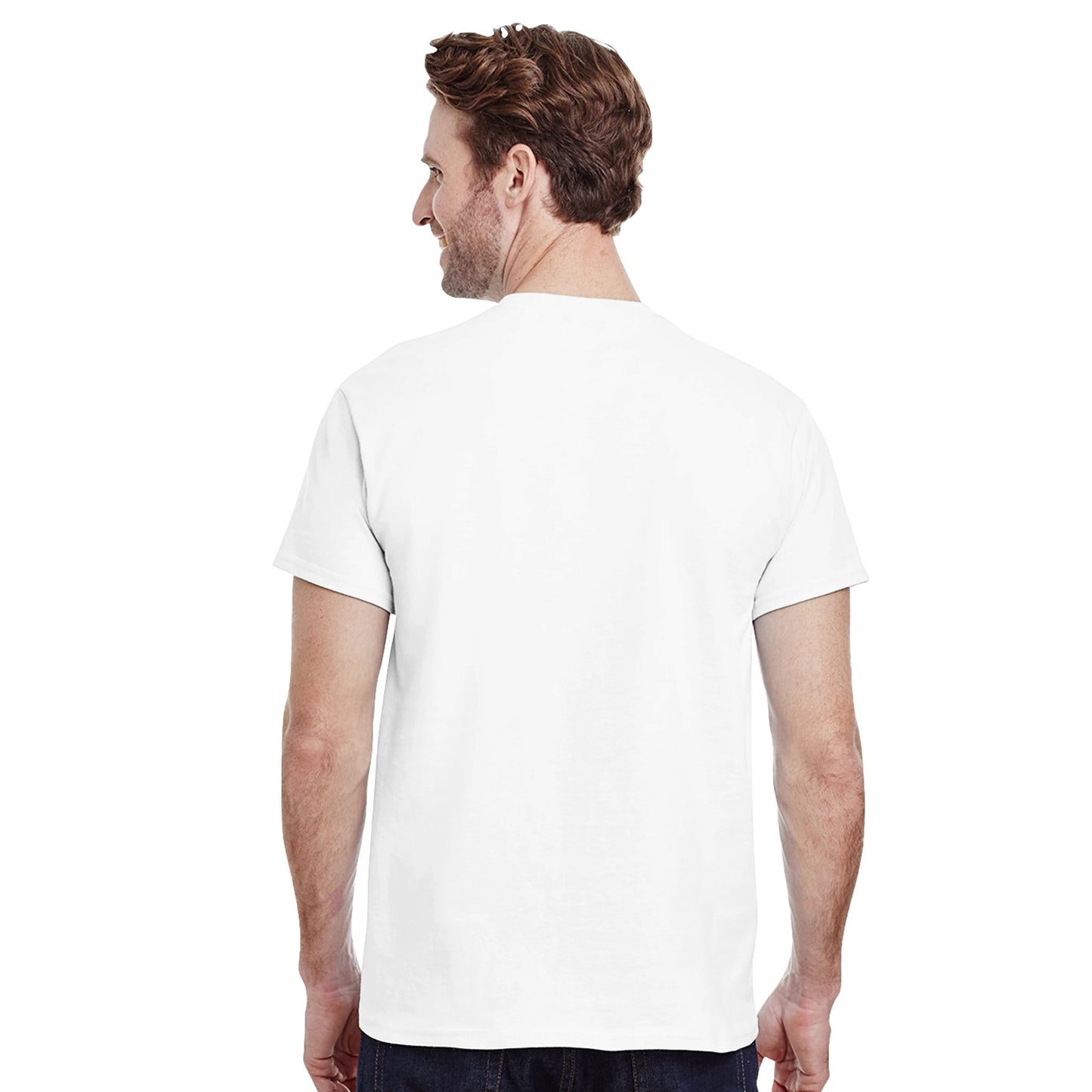 Back view of a white heavyweight unisex crewneck t-shirt from Luxurymania24
