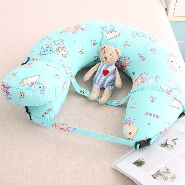 Multifunctional Nursing Pillow turquoise cartoon print U shaped support with adjustable strap and plush bear