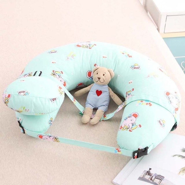 Multifunctional Nursing Pillow mint green U shaped breastfeeding support with adjustable strap and toy bear