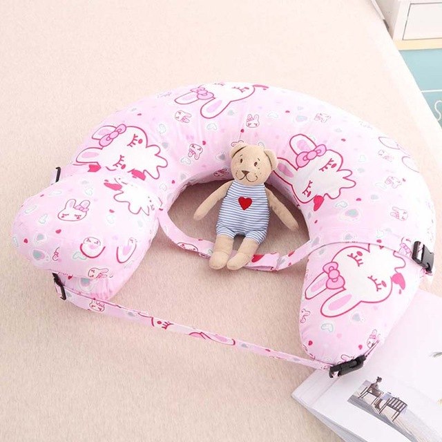 Multifunctional Nursing Pillow pink U shaped baby feeding support with straps and plush bear