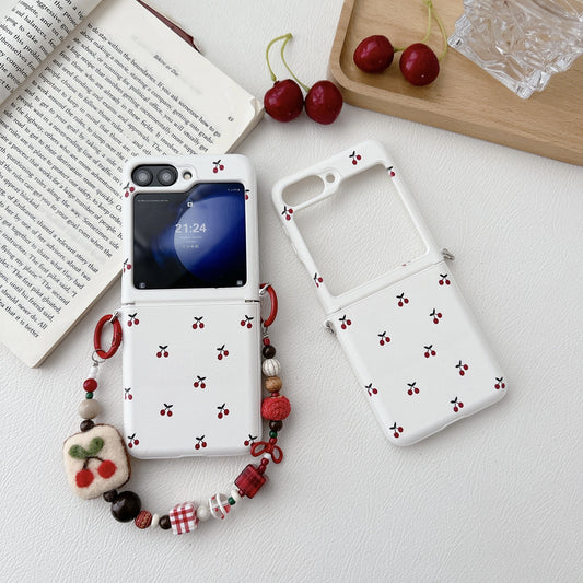 White Cherry Phone Case For Oppo Huawei two white cherry print flip cases with beaded strap and phone screen visible