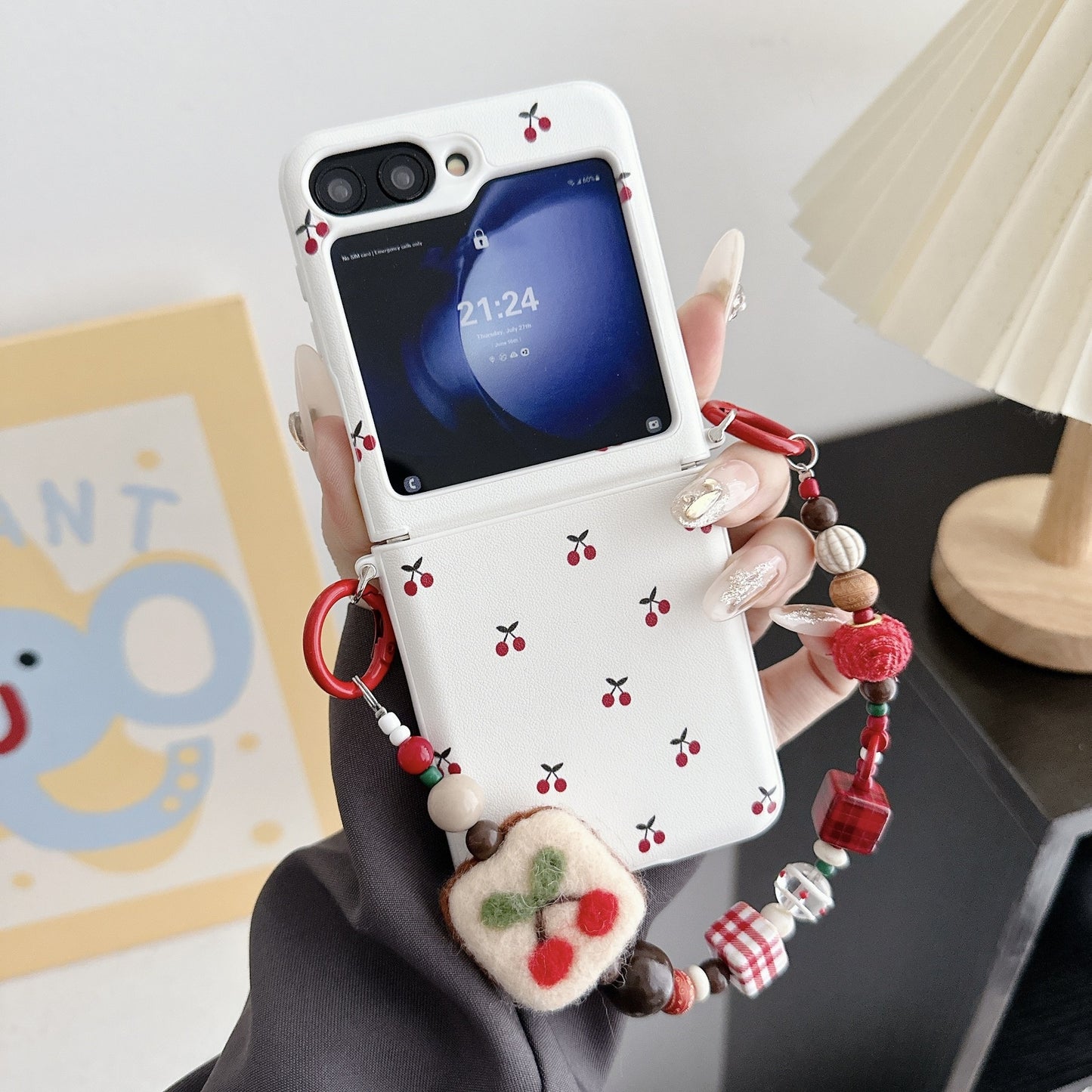 White Cherry Phone Case For Oppo Huawei with small red cherry print, card pocket and detachable beaded charm strap