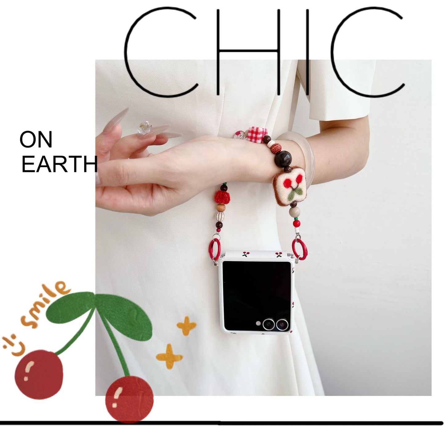 White Cherry Phone Case For Oppo Huawei with beaded cherry wrist strap on white dress showcasing stylish protection