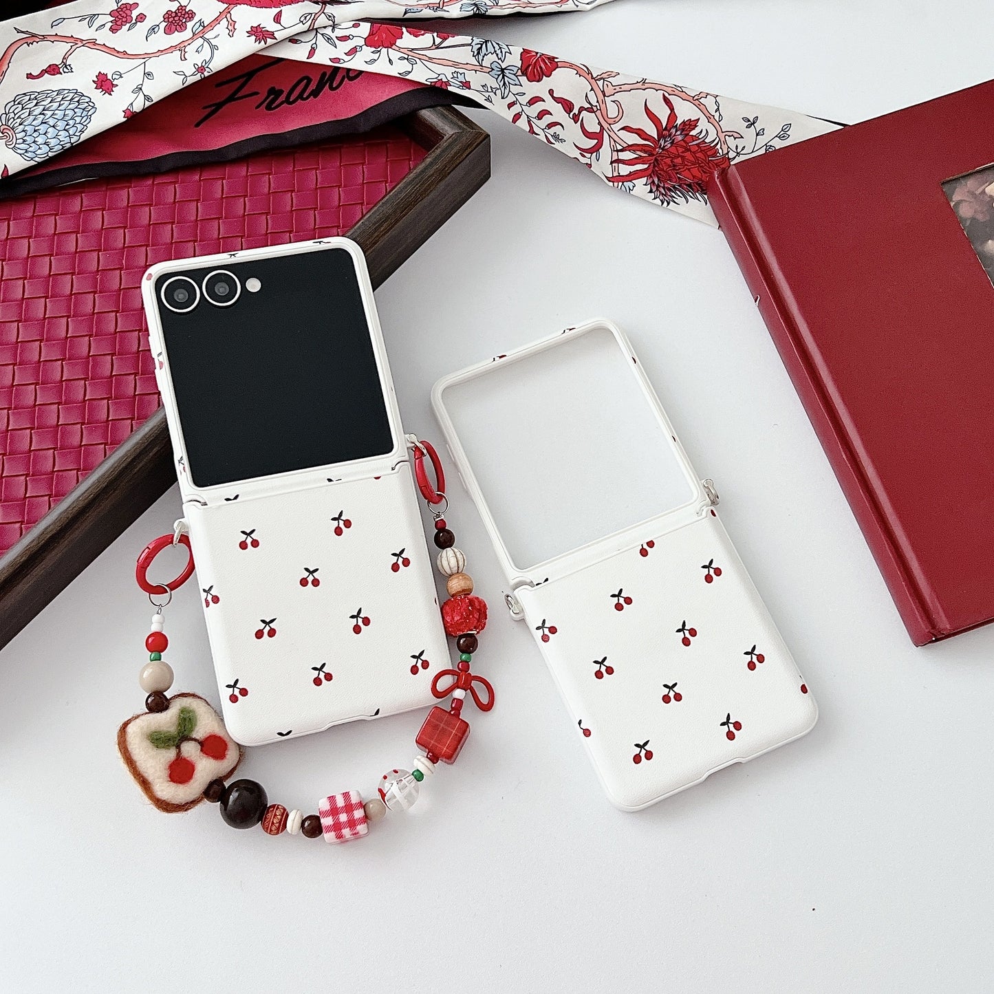 White Cherry Phone Case For Oppo Huawei flip case with red cherry pattern detachable beaded strap