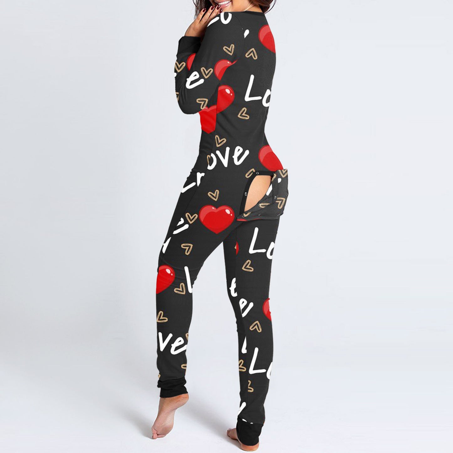Luxurymania24 black heart print onesie with open back buttoned flap and long sleeves fun buttoned flap overalls sleep suit