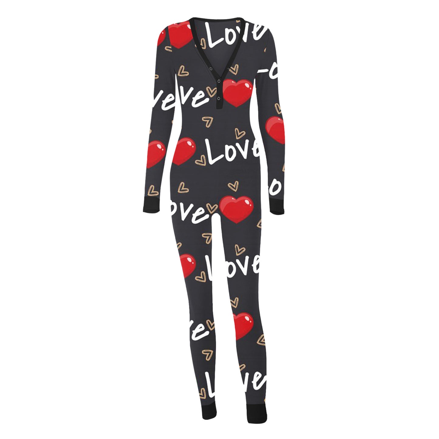 Luxurymania24 black Love print onesie with red hearts long sleeves cuffed ankles fun buttoned flap overalls sleep suit
