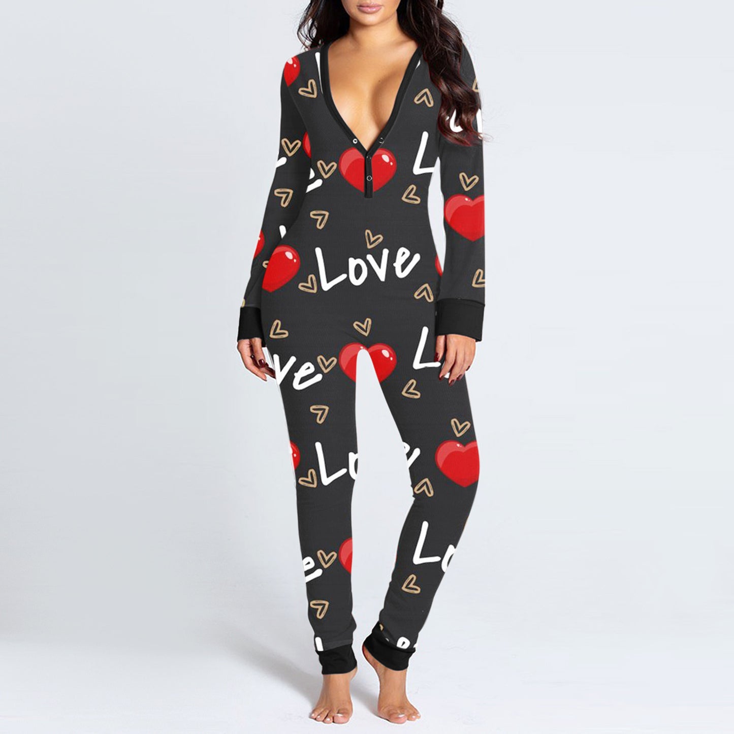 Luxurymania24 womens black heart print onesie with deep V and cuffed ankles fun buttoned flap overalls sleep suit