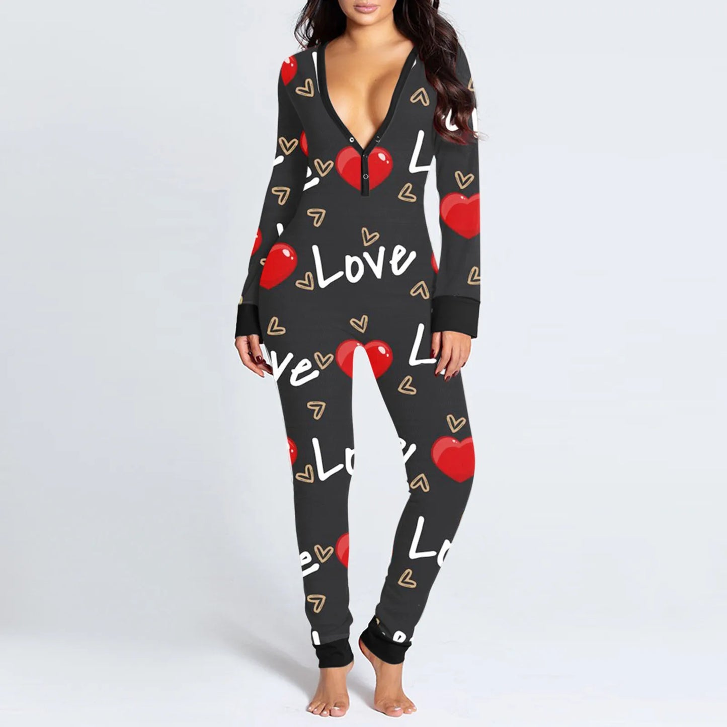 Luxurymania24 fun buttoned flap overalls sleep suit black heart print onesie with deep V neckline and cuffed ankles