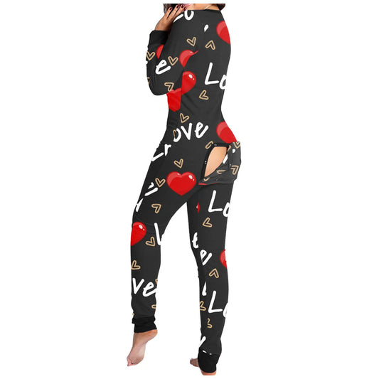 Black Love print onesie with red hearts and rear button opening showing buttoned flap fun buttoned flap overalls sleep suit
