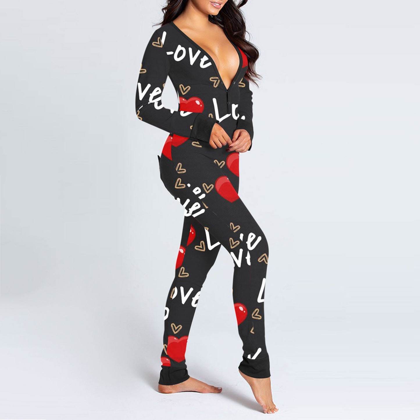 Luxurymania24 fun buttoned flap overalls sleep suit black with red heart print deep V neckline long sleeve cosy fit