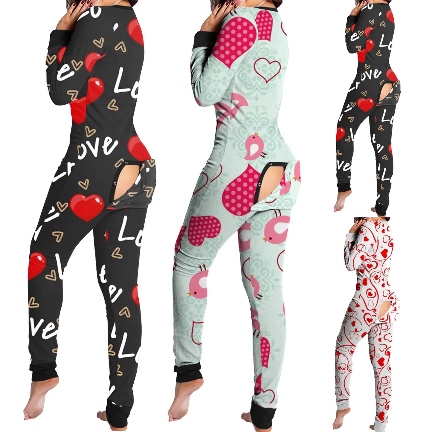 fun buttoned flap overalls sleep suit womens heart and bird print onesie in black mint white