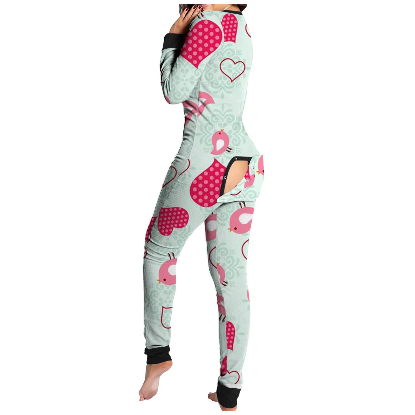 Back view of Luxurymania24 fun buttoned flap overalls sleep suit mint with pink hearts and bird print