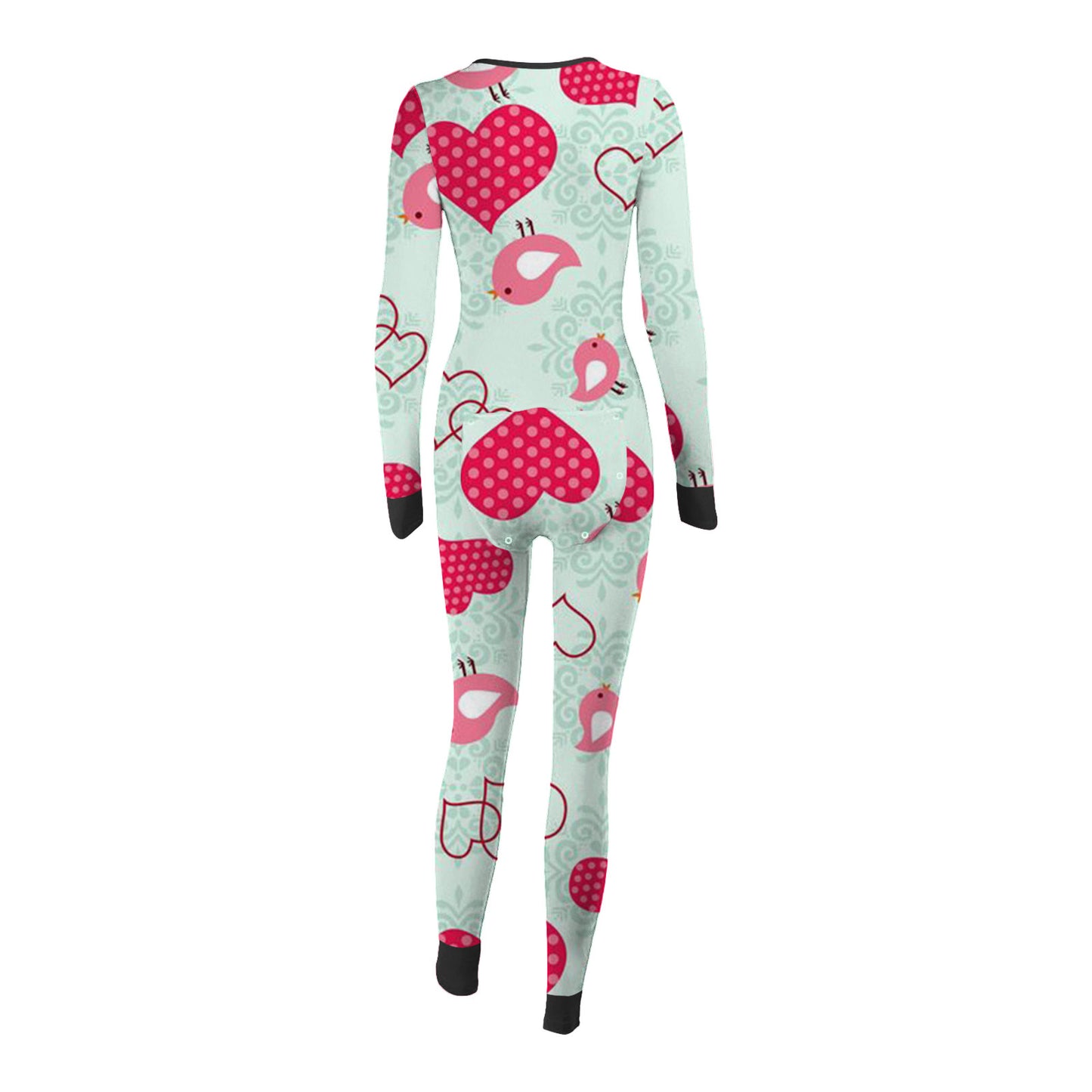 Luxurymania24 teal long sleeve onesie with pink hearts and birds black cuffs back view fun buttoned flap overalls sleep suit