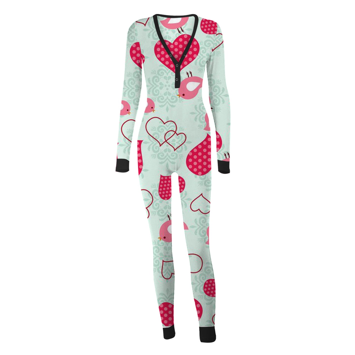 Luxurymania24 fun buttoned flap overalls sleep suit in mint with pink hearts and birds long sleeve cosy onesie