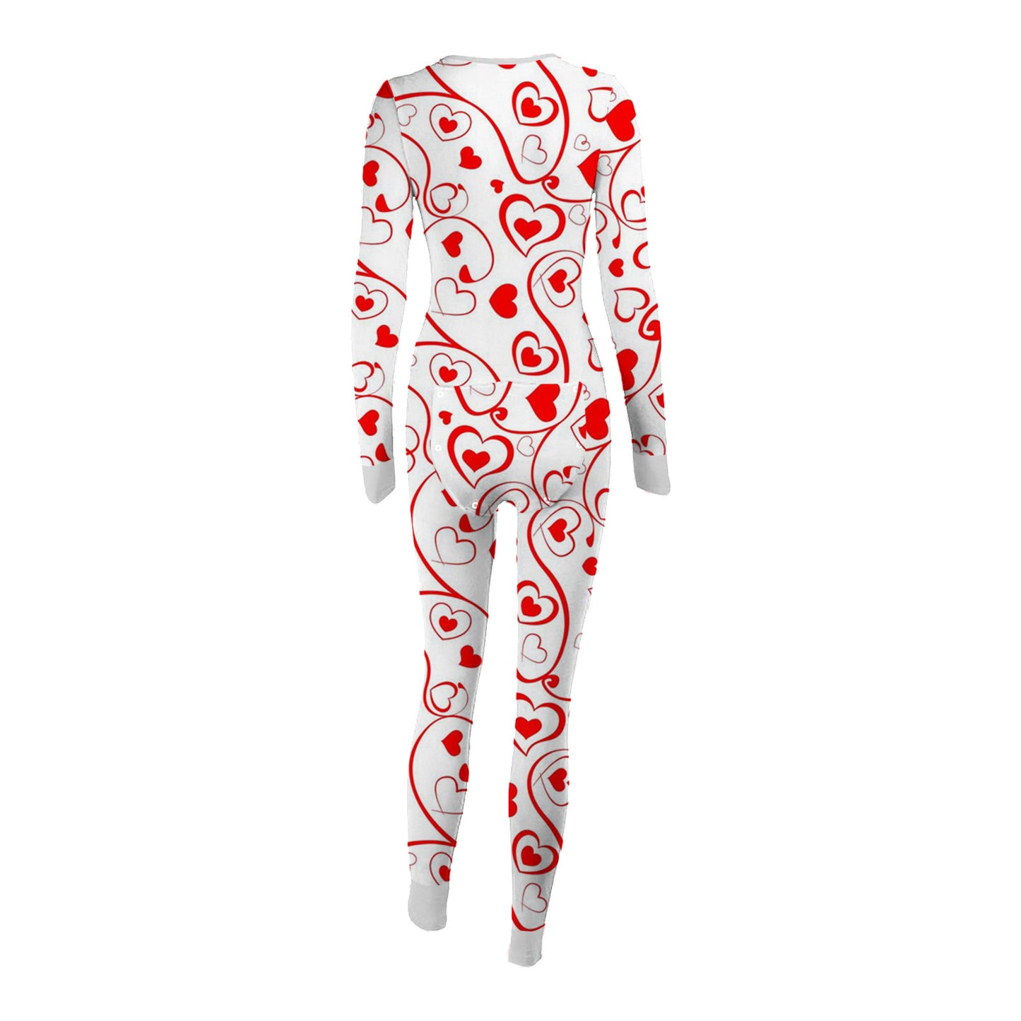White long sleeve heart print onesie with cuffed wrists and ankles fun buttoned flap overalls sleep suit