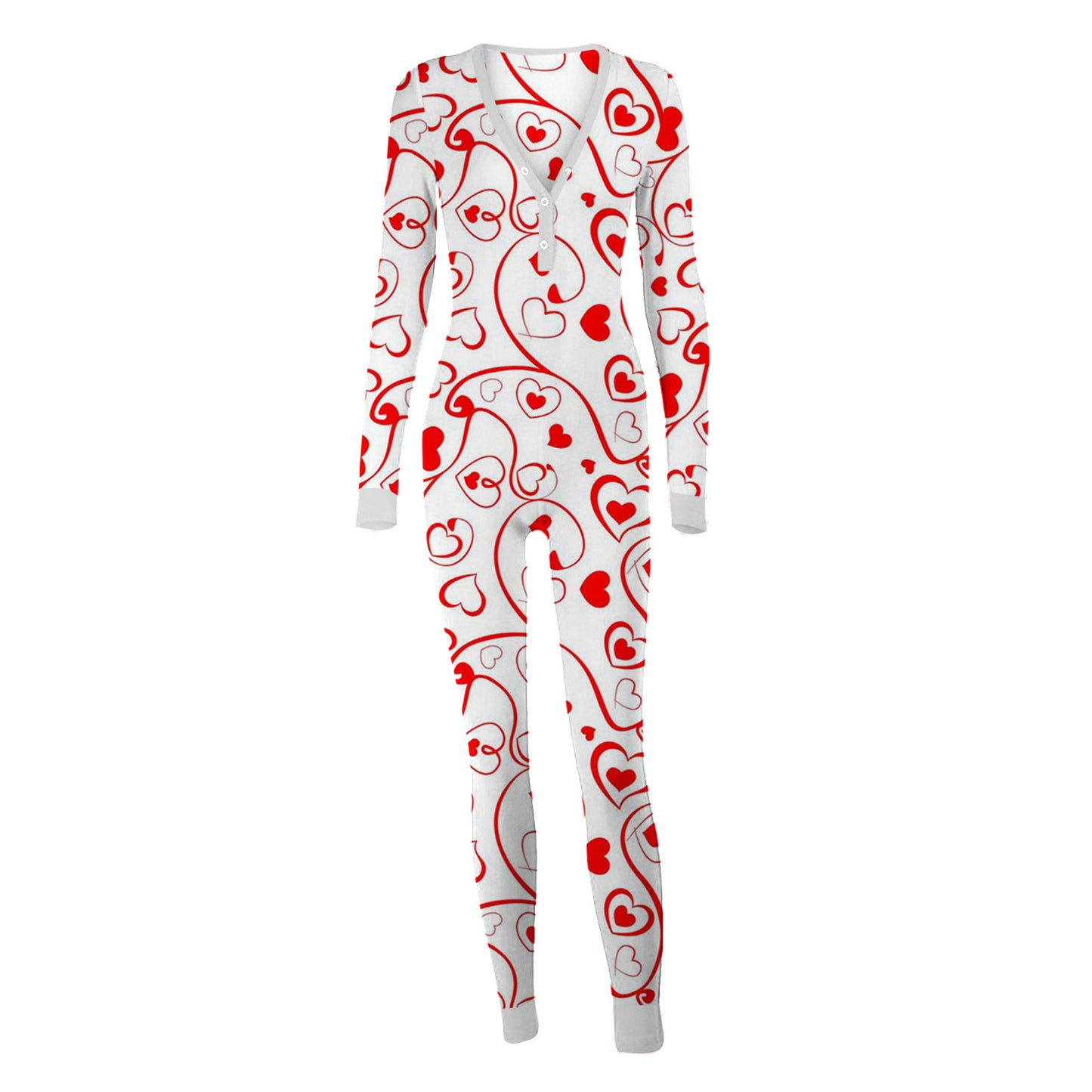 White onesie with red heart print long sleeves cuffed ankles and buttoned flap front fun buttoned flap overalls sleep suit
