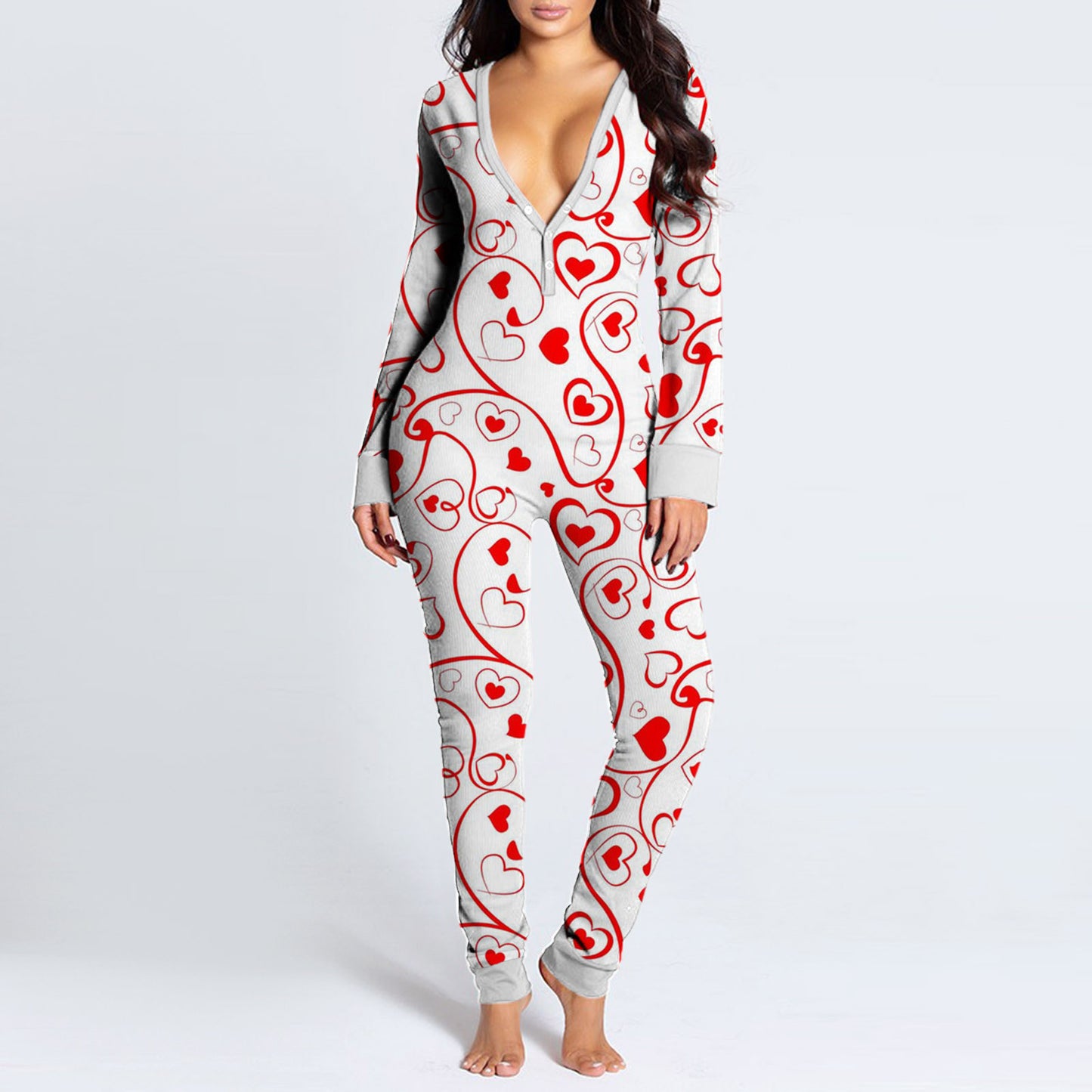 Luxurymania24 womens fun buttoned flap overalls sleep suit white with red heart print long sleeve full body