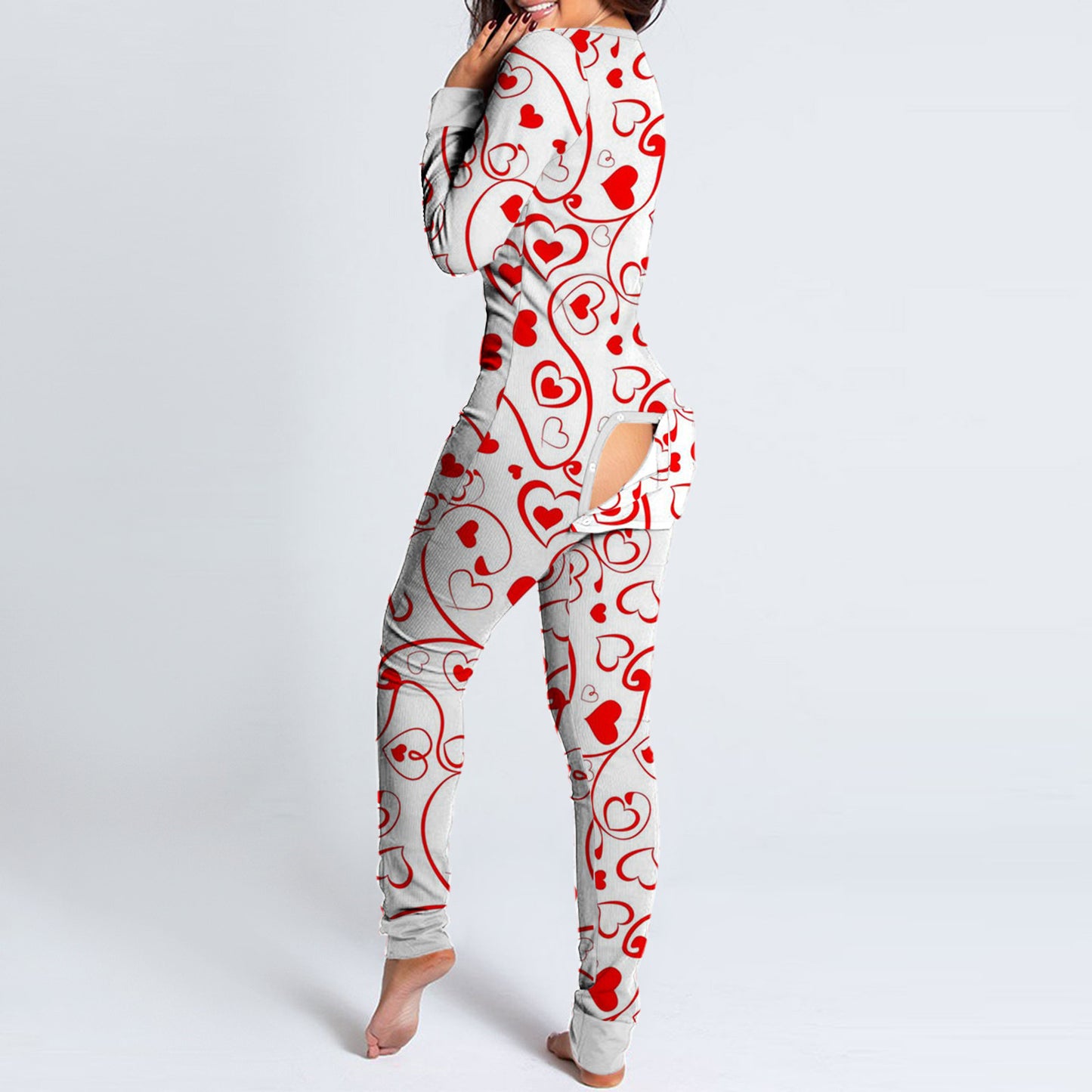 Luxurymania24 woman wearing white red heart print fun buttoned flap overalls sleep suit with back flap open