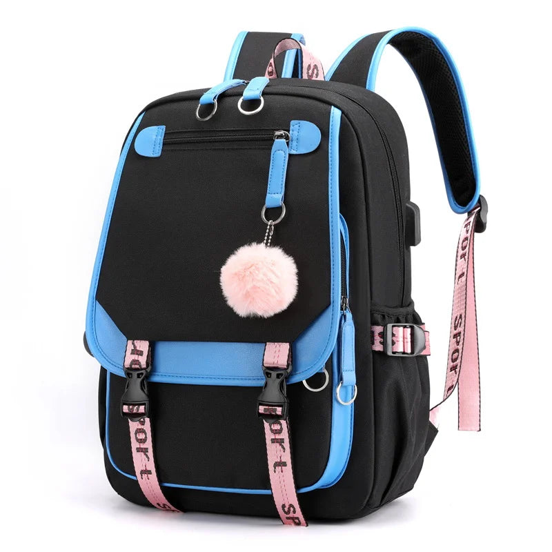 Kawaii School Backpack For Girls black with blue trim pink pom pom cute sport straps and USB port