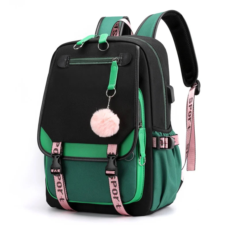 Kawaii School Backpack For Girls green and black with pink pom pom charm adjustable padded straps and front pockets