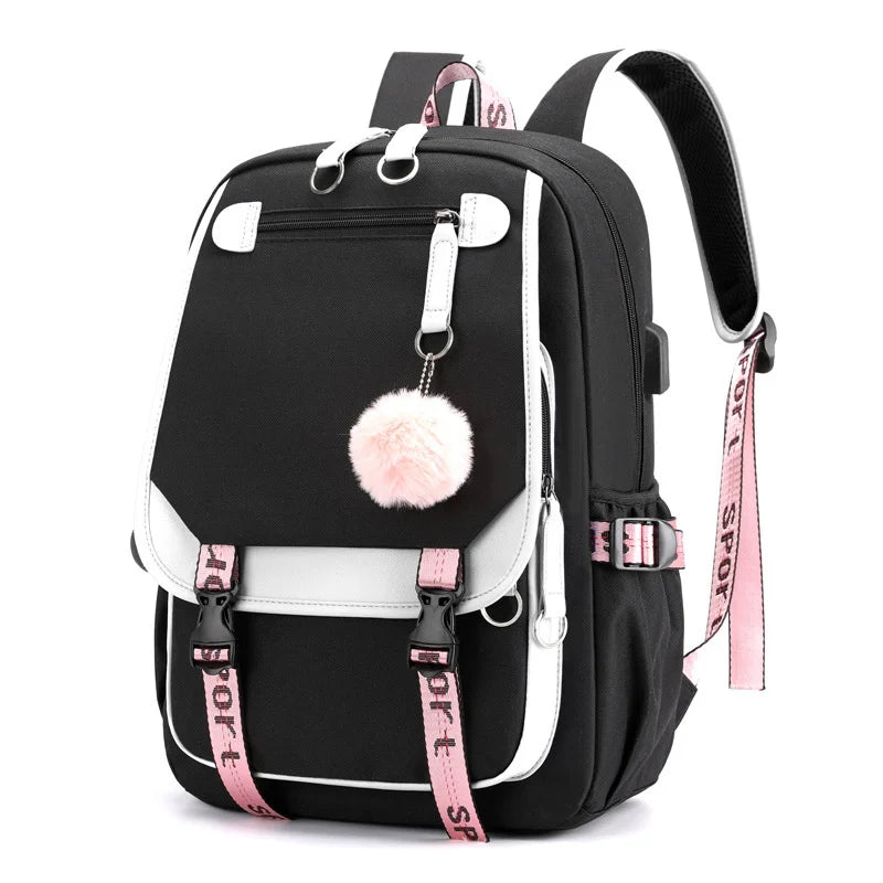 Black and white Kawaii School Backpack For Girls with pink accents pompom charm padded straps and side pockets