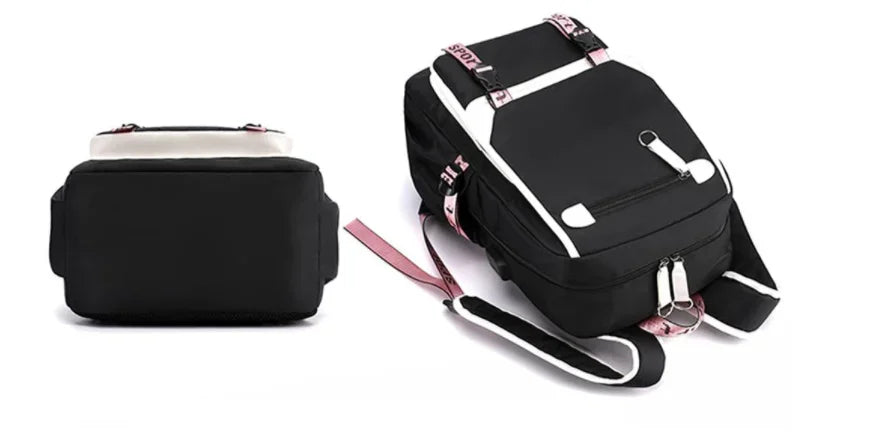 Luxurymania24 Kawaii School Backpack For Girls black with white trim and pink straps multiple compartments