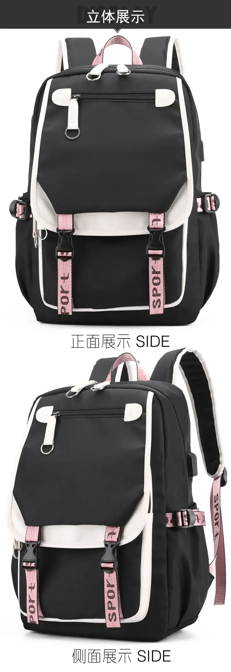 Kawaii School Backpack For Girls black canvas with white trim pink adjustable straps front pockets ideal for school